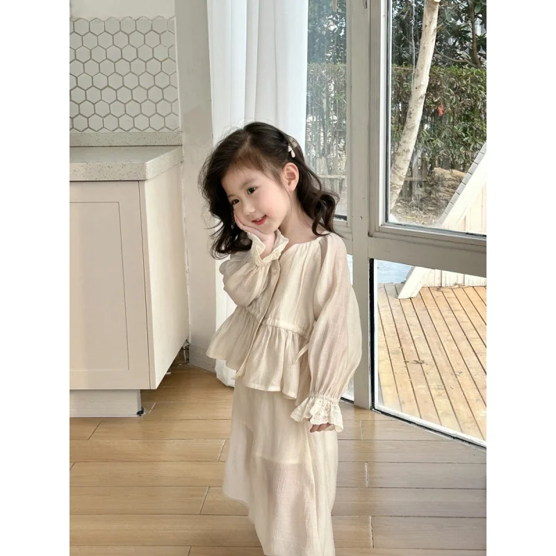 

High-Grade Socialite Temperament Girls Suit Children2024Summer New Lace Sleeve Shirt Wide Leg Pants Two-Piece Set