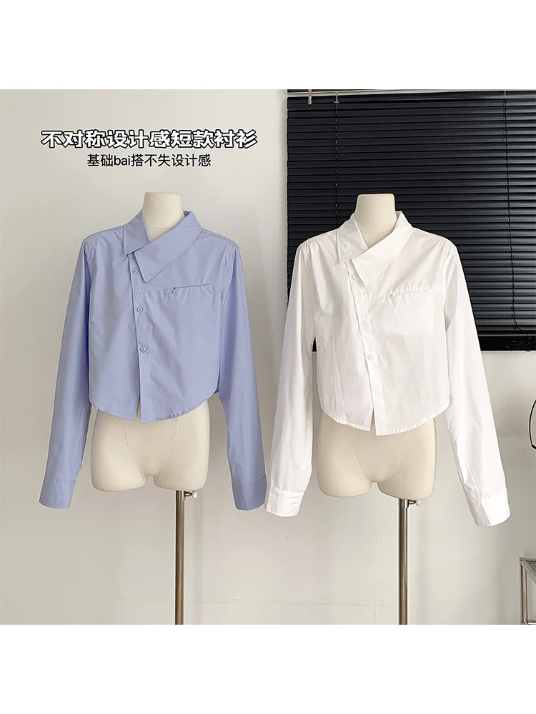 

Women Blue Shirts Blouses Y2k Vintage Korean Harajuku 2000s 90s Aesthetic Elegant Solid Color Long Sleeve Shirt Top Clothes 2024