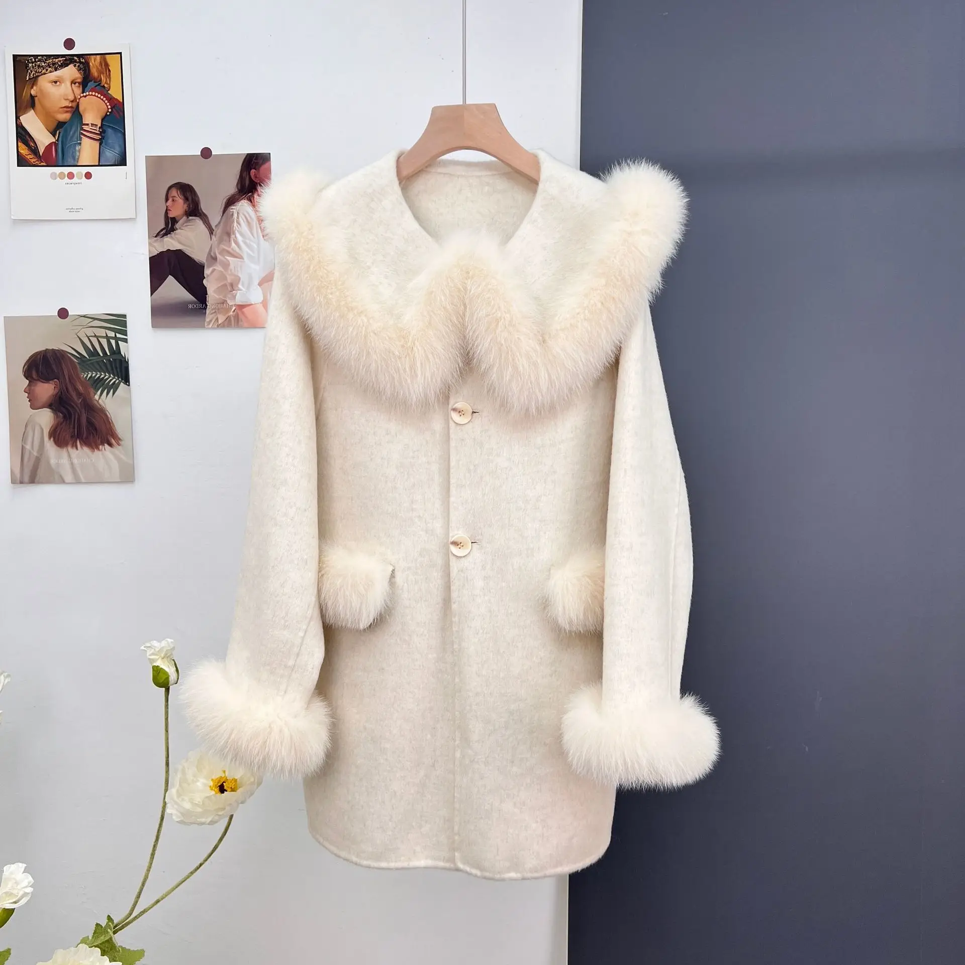 

Fur Coat New Women's Medium Length Wool Double Face Fox Fur Collar Doll Flip Collar Autumn and Winter Wear Year 2023