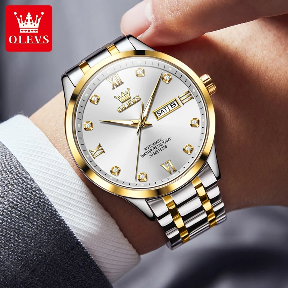 OLEVS 9946 Automatic Watch For Men Dual Calendar Luxury Original Mechanical Wristwatch 42mm Big Dial Waterproof Man Dress Watch