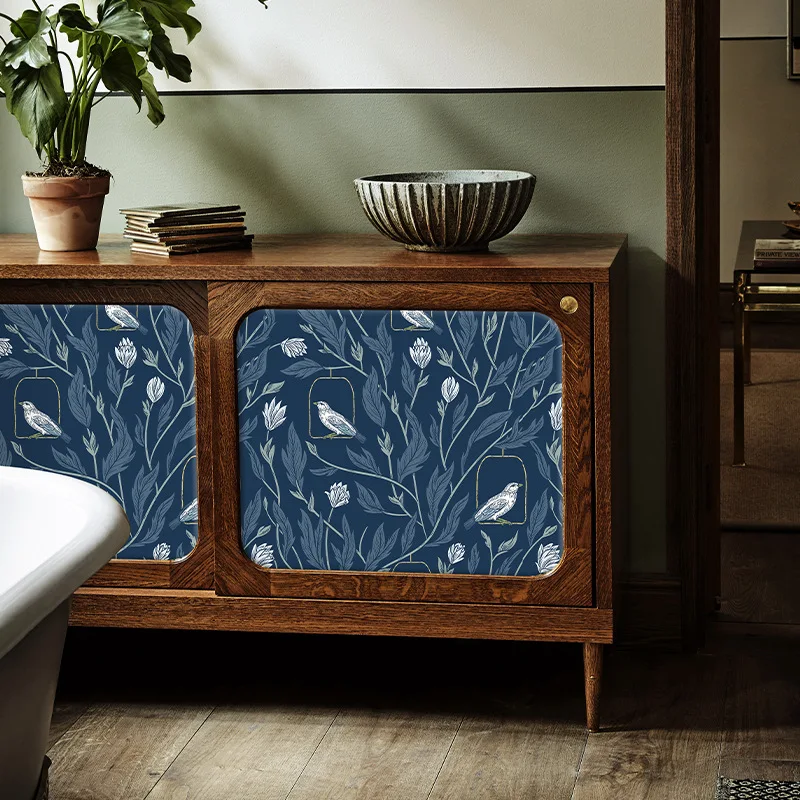 

Blue Self-Adhesive Wallpaper American Country Flower Bird Bedroom Living Room Small Fresh Stickers Home Wall Decoration