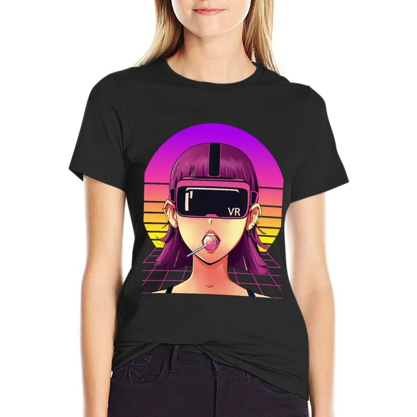 

Cyber Virtual Reality Anime Girl VR Headset Futuristic Looking T-Shirt aesthetic clothes summer top graphic t-shirts for Women