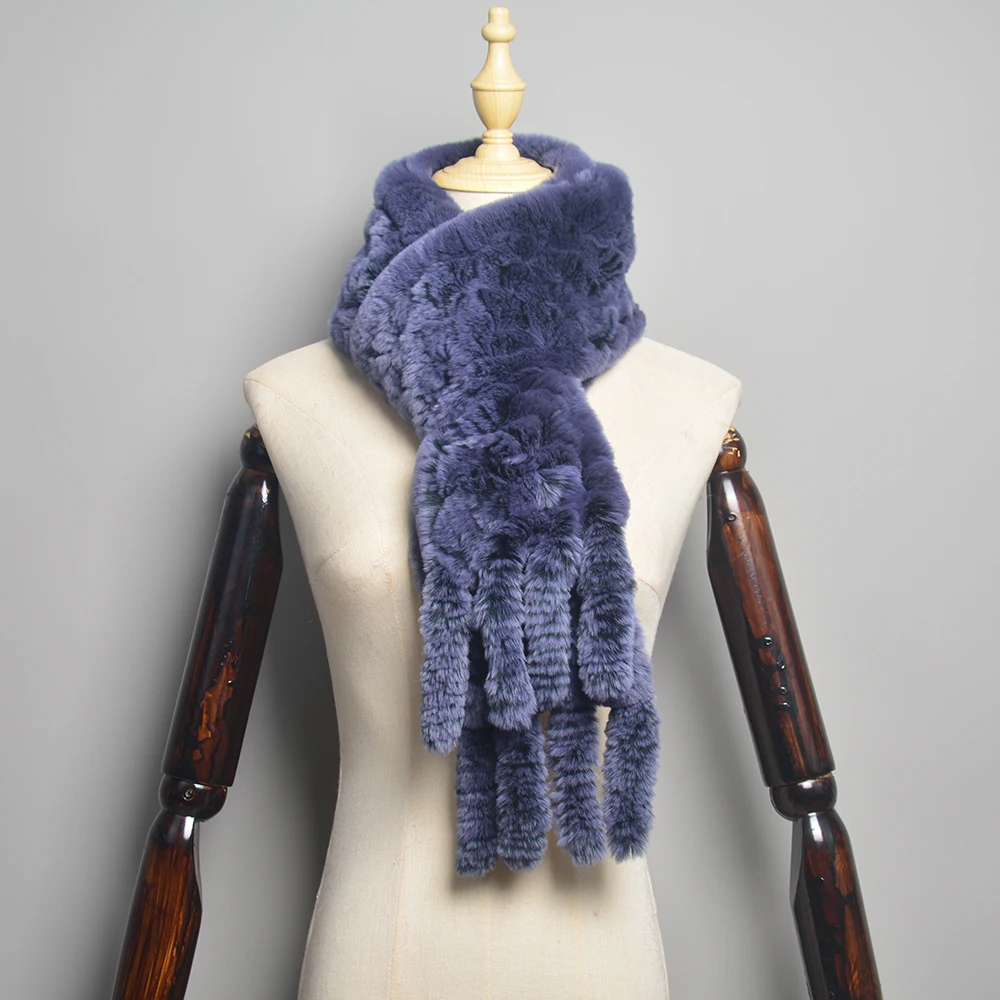 2025 Long Style Women Winter Real Rex Rabbit Fur Scarf Natural Rex Rabbit Fur Scarves Lady Knitted Rex Rabbit Fur Ring Scarves 3
