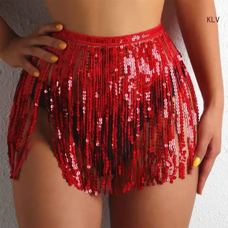 

Belly Dance Elastic Waist Skirt Sequins Tassels Fringed Hip Scarf Wrap Mini Skirts Party Outfit for Women