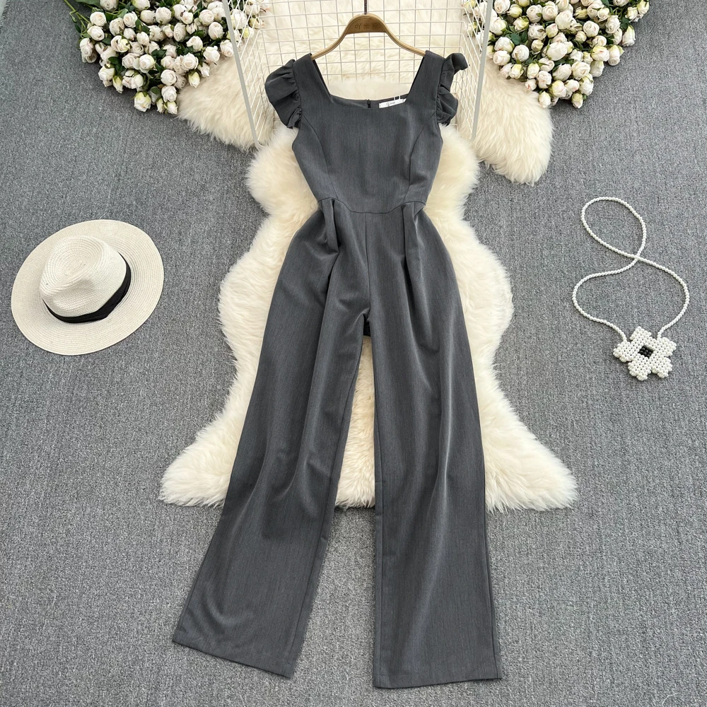 

Summer New All-match Sleeveless Waist Slim Straight Wide-leg Jumpsuit Fashion Flying Sleeves Square Collar Jumpsuit Women