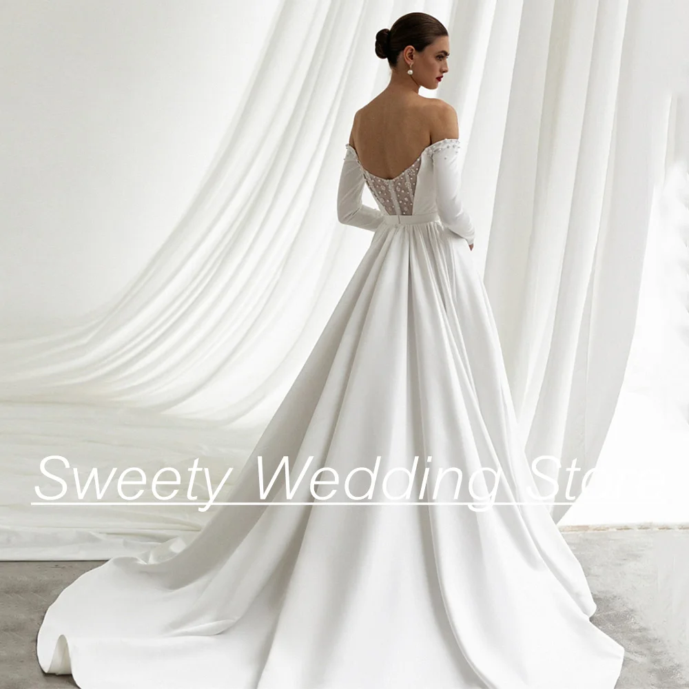 Wedding Dress 2024 New Arrival Long Sleeves Boat Neck Pearl Slit Satin Bridal Gown Court Train A Line Bride Dresses for Woman 2