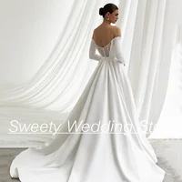 Wedding Dress 2024 New Arrival Long Sleeves Boat Neck Pearl Slit Satin Bridal Gown Court Train A Line Bride Dresses for Woman 2