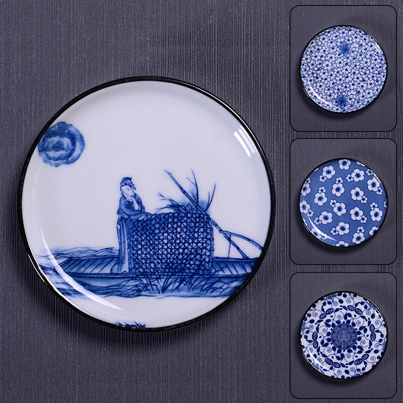 Ceramic Tea Cup Mat Anti-scalding Retro Handmade Blue and White Porcelain Saucer Household Kung Fu Tea Coaster Teacup Pad tea cup mat