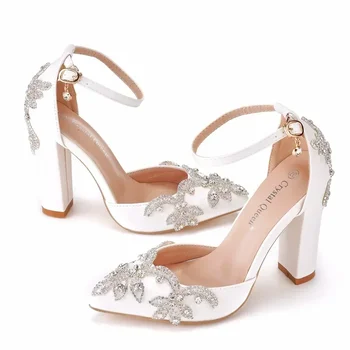 2026 Thick Heel Pointed Toe Shoes Large Size  Thick Heel Sandals Women Rhinestone Wedding Shoes Women White Wedding Shoes Drill 1