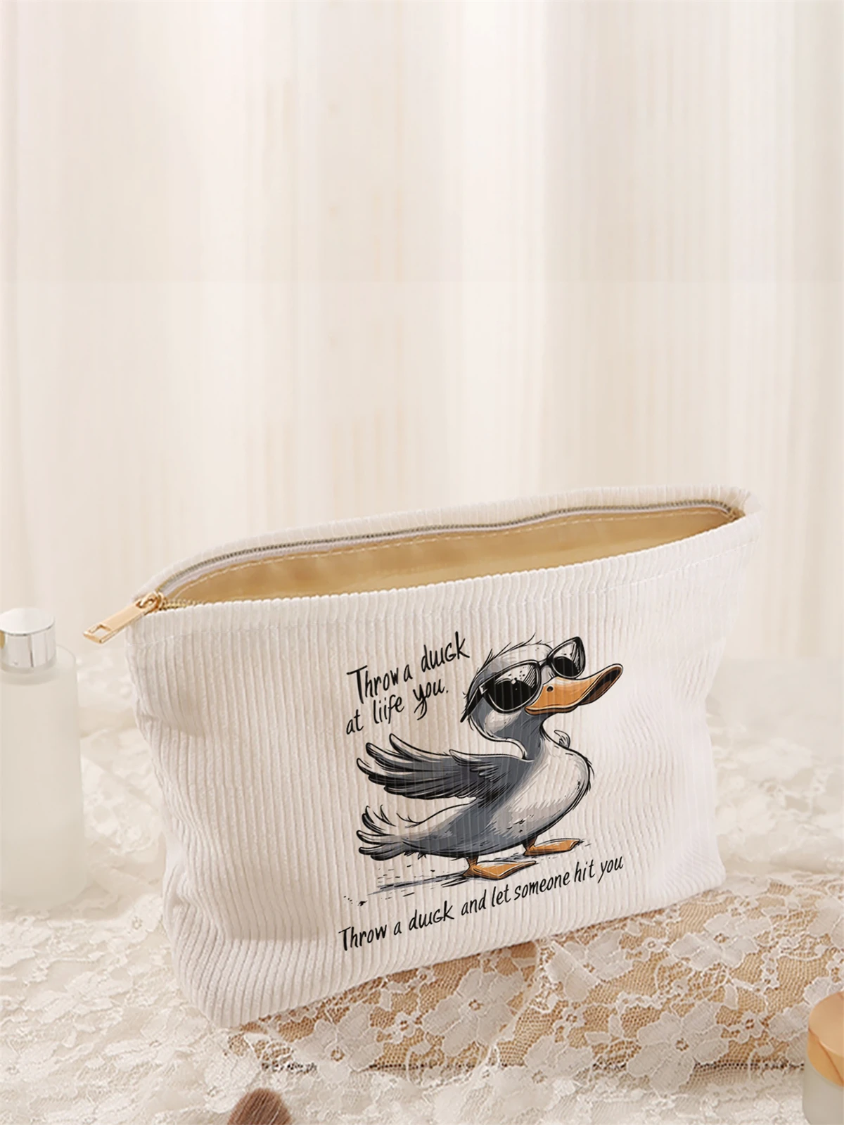 1 cartoon duck pattern printed corduroy makeup bag, lightweight zipper makeup storage box, multifunctional bag with lining