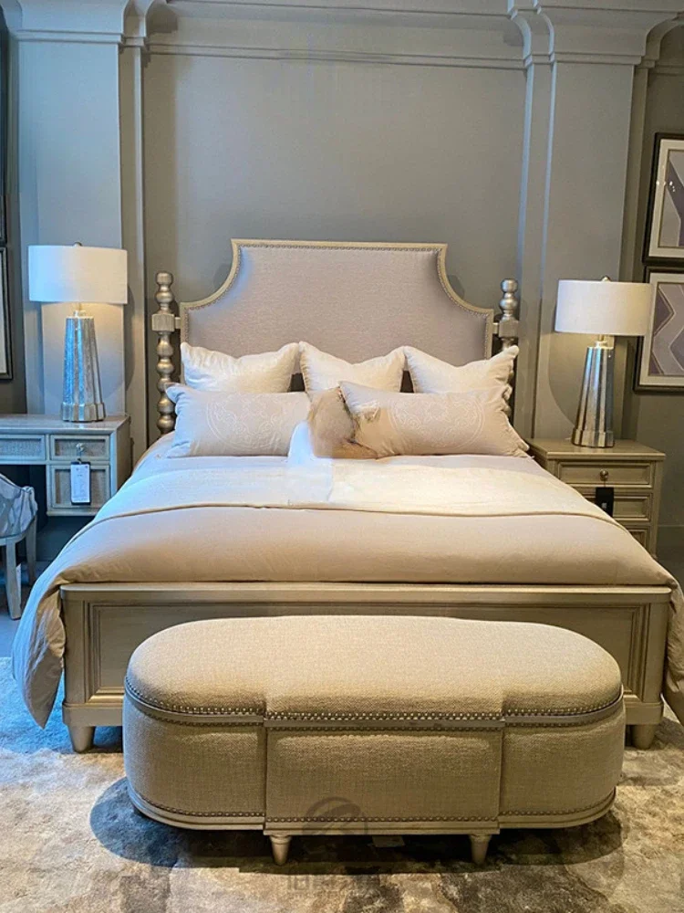 

Роскошная кровать в американском стиле из массива дерева Мюррей, Современная Минималистичная двуспальная кровать цвета шампанского и золотого цвета высокого качества серого цвета