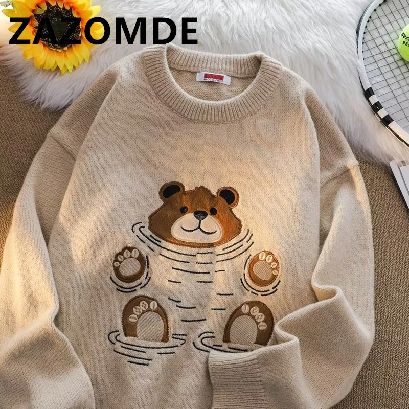ZAZOMDE Knitted Sweater Men Cartoon Bear Pullover Harajuku Casual O-neck Oversize Top Streetwear Unisex Daily Sweater Jumper