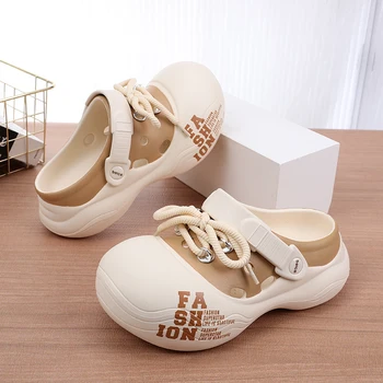 Women's Outdoor Chunky Platform Sandals Non-Slip Clogs Slides Flat Breathable Striped Shoelaces Closed Toe Thick Sole Slippers 1