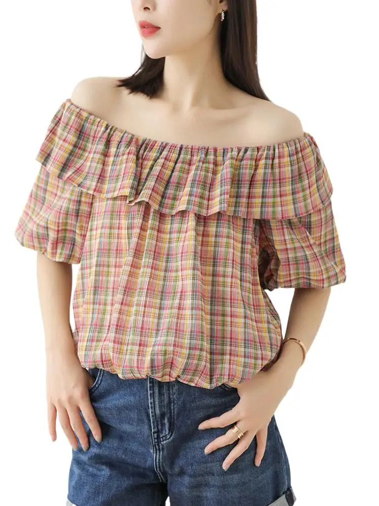 

Fashion vintage Off Shoulder Plaid Tops puff Sleeve T Shirt Women Clothes Slash Neck See Through Tee Shirt Femme Summer 2024