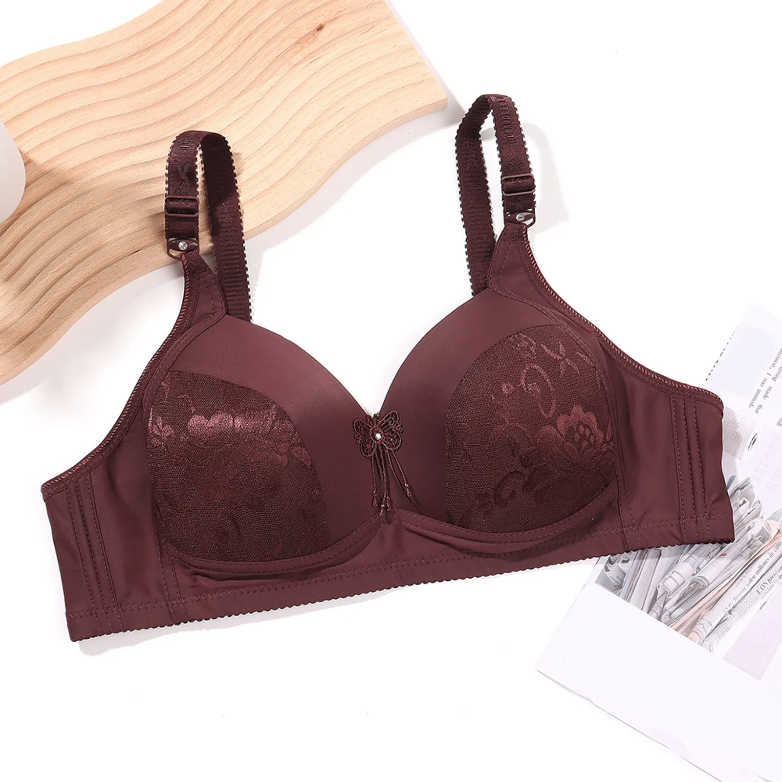 Women's Embroidery Underwear Bras Butterfly Appliques Adjustable Wide Straps Lingerie Push up Full Coverage Wireless Bustier