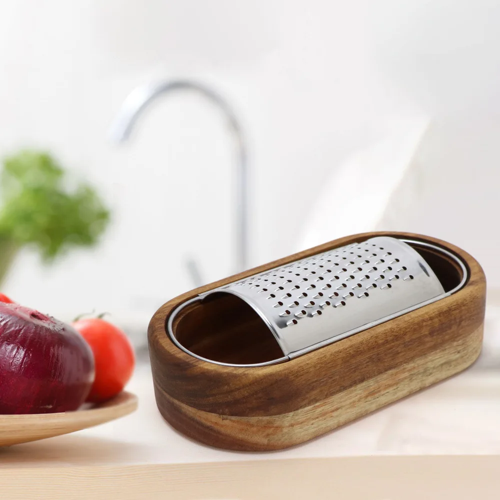 Stainless steel cheese grater, acacia wood cheese grater box