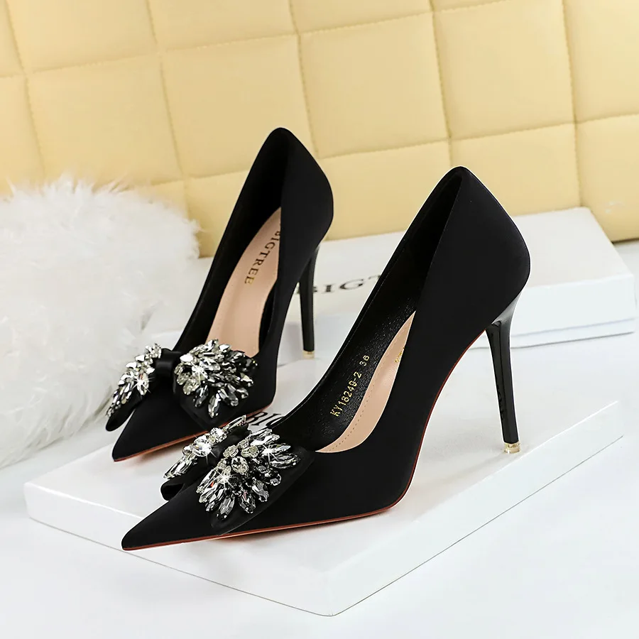 

Spring and Autumn New Banquet High Heels Women's Shoes Super High Heels Shallow Notched Satin Rhinestone Bow Tie Single Shoes
