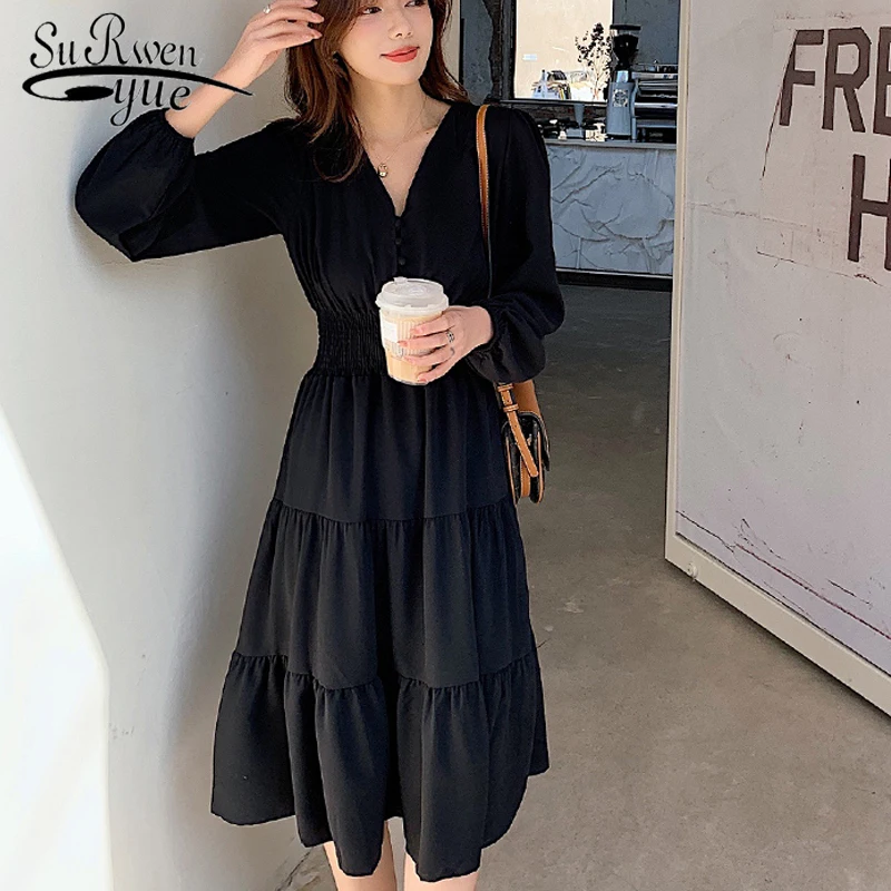 

New Puff Sleeve Chic Elegant Party Dresses Fashion French Women Dress V-neck Solid Spring Autumn Dress Apricot Black Robe 22167