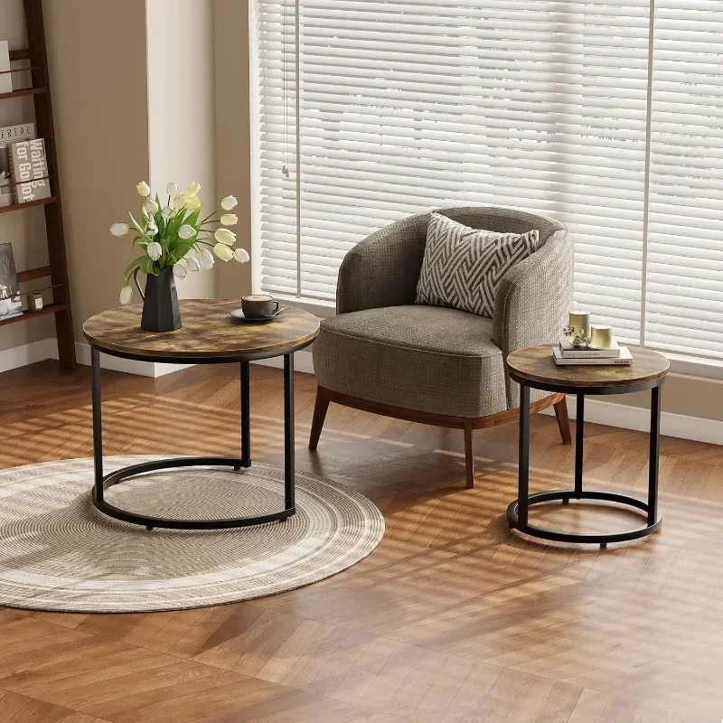 Nesting Coffee Table Set of 2, 23.6" Round Coffee Table Rustic Wood Top with Adjustable Non-Slip Feet, Industrial End Table 6