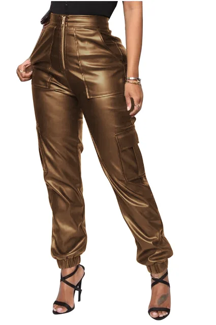 CM.YAYA Elegant Women Zipper Fly High Waist Pocket Side Faux Leather Pants 2022 Autumn Winter Streetwear PU Trousers