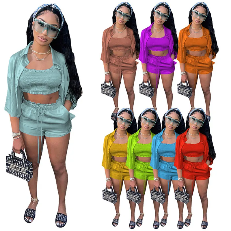 Summer Ladies Crop Top Bra & Cardigan Shirt % Shorts 3 Piece Outfit Set Women Casual Solid Color OL Three Piece Set