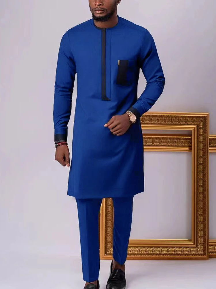 New Muslim Dress Robe and Pants African Ethnic Style Solid Color Set Simple Casual Men's Set Traditional Clothing 2023 New