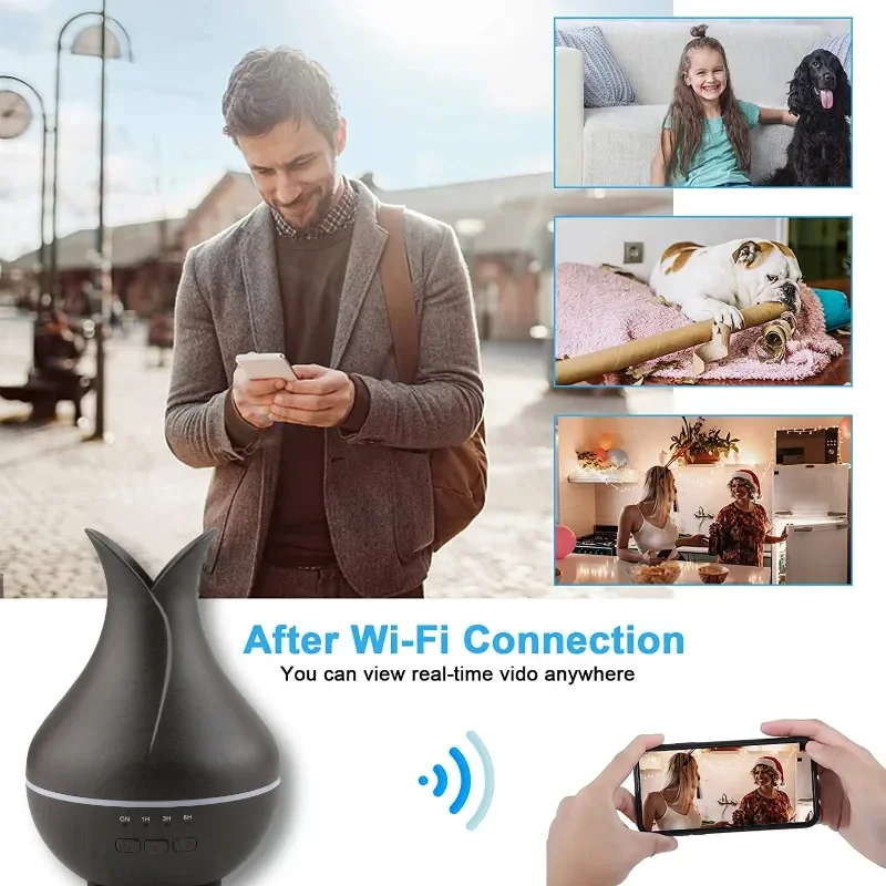 An image of a person with a phone and a WiFi Humidifier SpyCam for real-time home monitoring