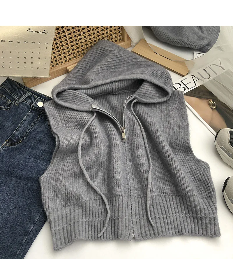 Dstring Hooded Zipper Svel Knitted Vest Women's Autumn Faion Korean Retro Versatile Outerwear Tank Top