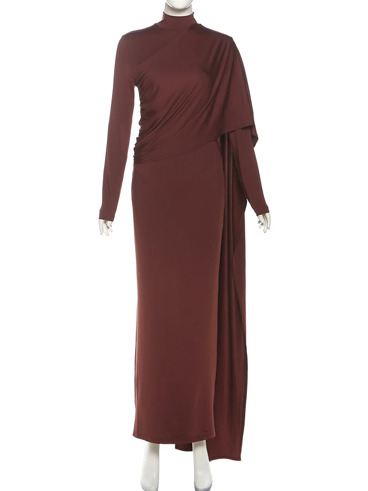 Nibber Turtleneck Maxi Dress Women Long Tassel Folds Full Sleeve Solid Skinny Banquet Elegant Stretch Fashion Vacation Vestidos