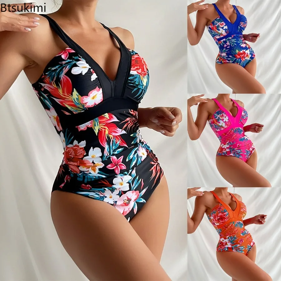 

2024 Women's Sexy One Piece Swimsuits Flower Print Bathing Suits Female High Waist Beachwear for Girls Tankini Swimsuits Women