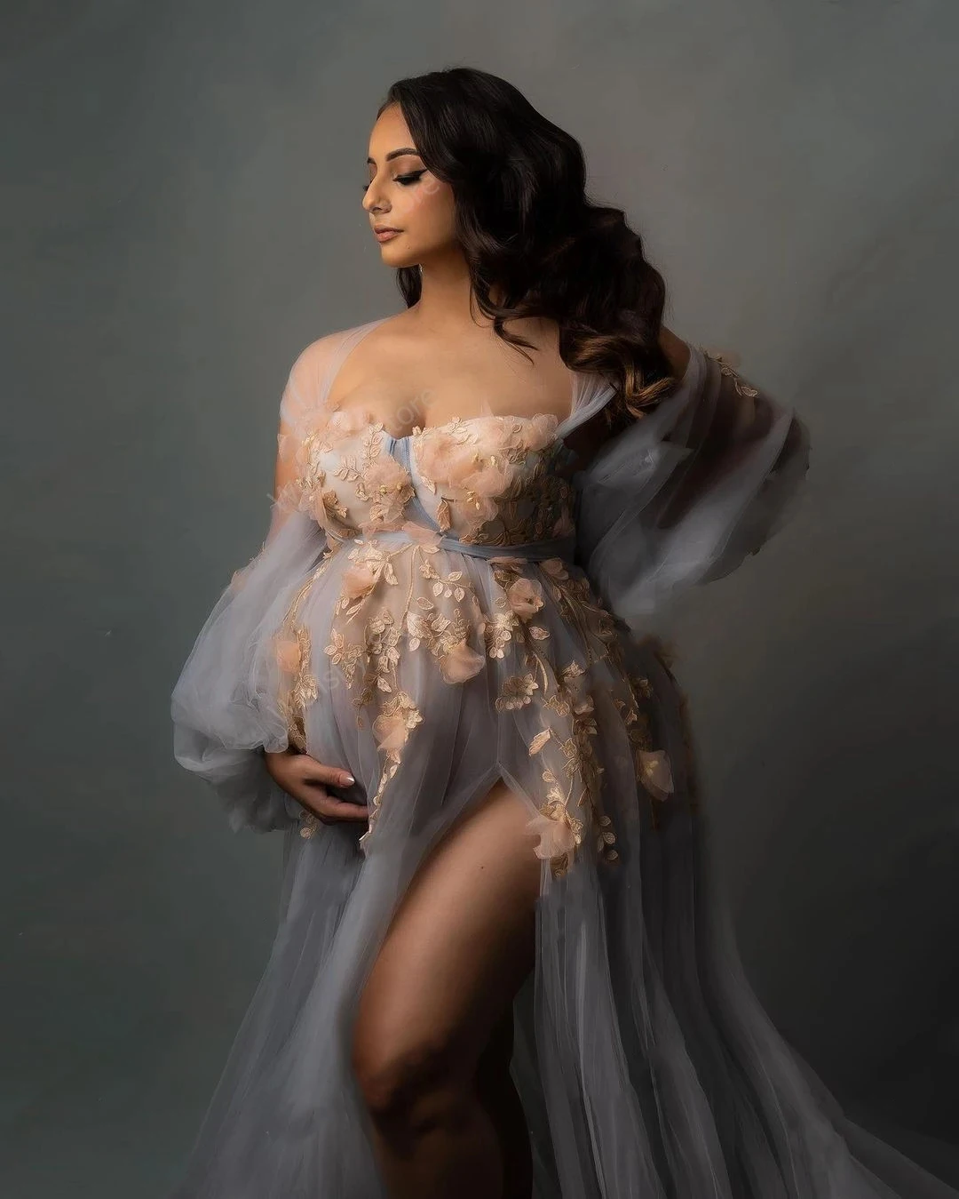 Víla květinová měkké tyl těhotenské šaty pro těhotná ženský strana štěrbinou photoshoot šaty babyshower fotos gowns