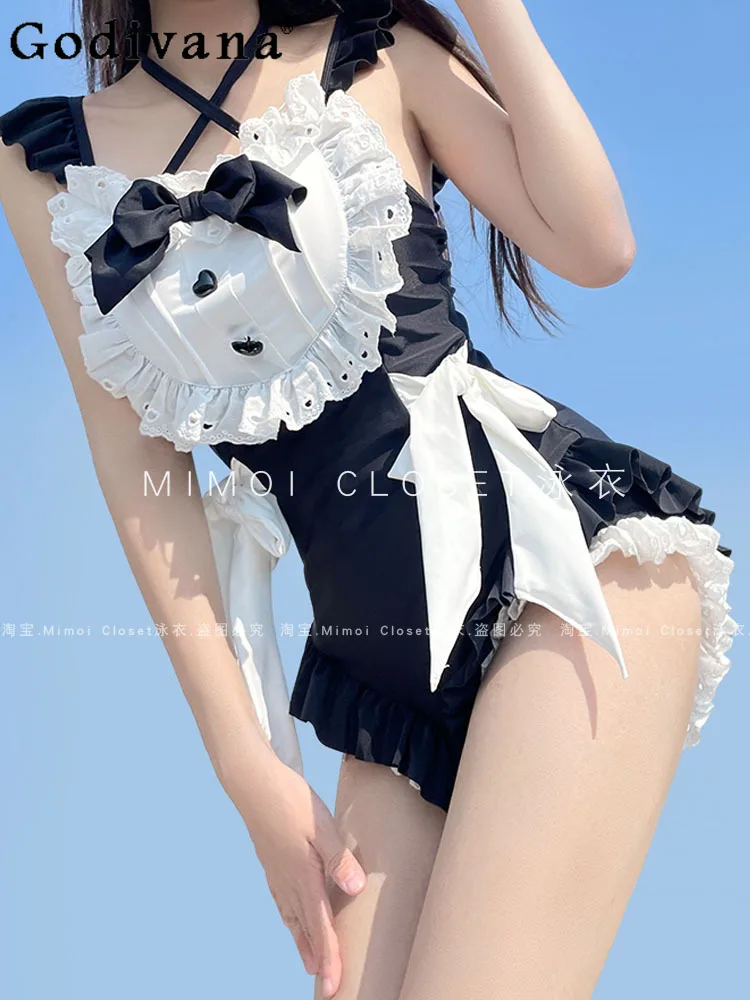 Girl Japanese Cute Maid Costume Lolita Triangle One Piece Swimming Suit Summer New Bow Ruffled Edge Hot Spring Swimwears Women