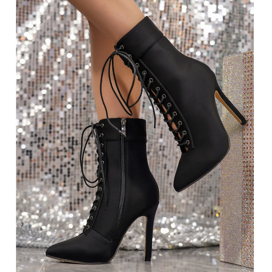 Sexy Zip Pointed Toe High Heels 2023 New Fashion Cross Lace Up Boots for Women Booties Female Spring Autumn Sandal Ankel Boots