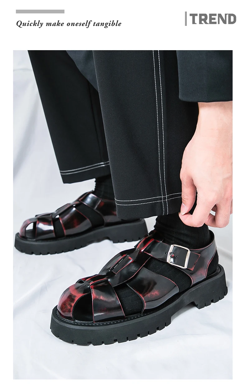 4.5Cm Thick Sole Heightening Sandals Men's Glossy Cowhide Buckle Business Casual British Genuine Leather Summer Sandals for Men