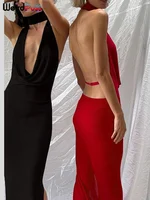 Weird Puss Hollow Halter Dress Women Low-Neck Backless Sexy Sleeveless Slits Robe Trend Midnight Banquet Coquettish Long Bodycon 2