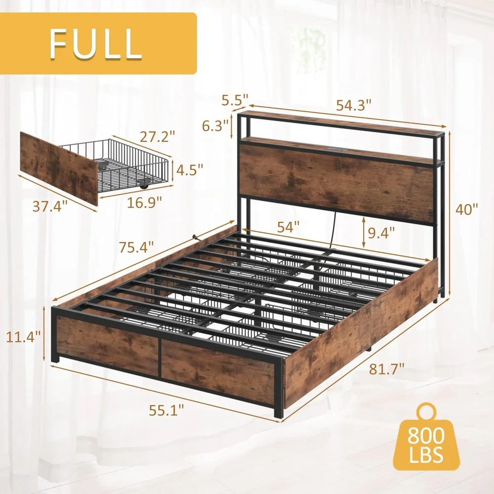 bedstead.Full Bed Frame with 2-Tier Storage Headboard, Metal Platform Bed Frame with 4 Storage Drawers,Built in Charging Station 2