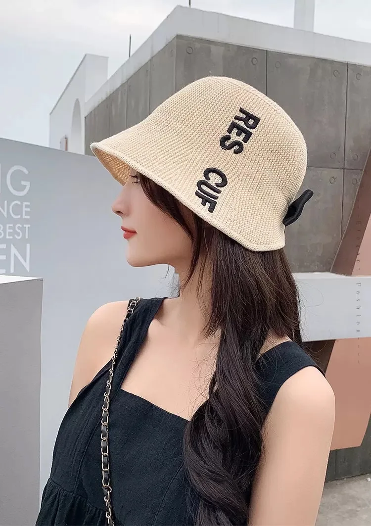 black bucket hat womens Spring and Summer Hat Lady Fisherman Hat Embroidered Letter Bow Bucket Hat Travel Sunscreen Bucket Hat fisherman hat
