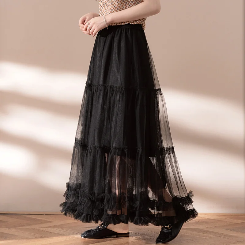 

Korean Puffy Mesh Long Skirt Fungus Splicing Big Swing High Waist Sweet Women's Clothing New Spring Vintage Lace Cake Dress P241