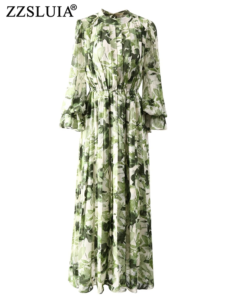 

ZZSLUIA элегантные платья для женщин с принтом листьев дизайнерское тонкое длинное платье модное платье с воротником-стойкой плиссированные женские платья