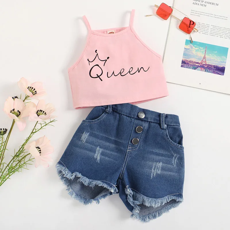 Little Girl Shorts Set, Sleeveless Square Neck Lettering Camisole Buttoned Denim Ripped Leg