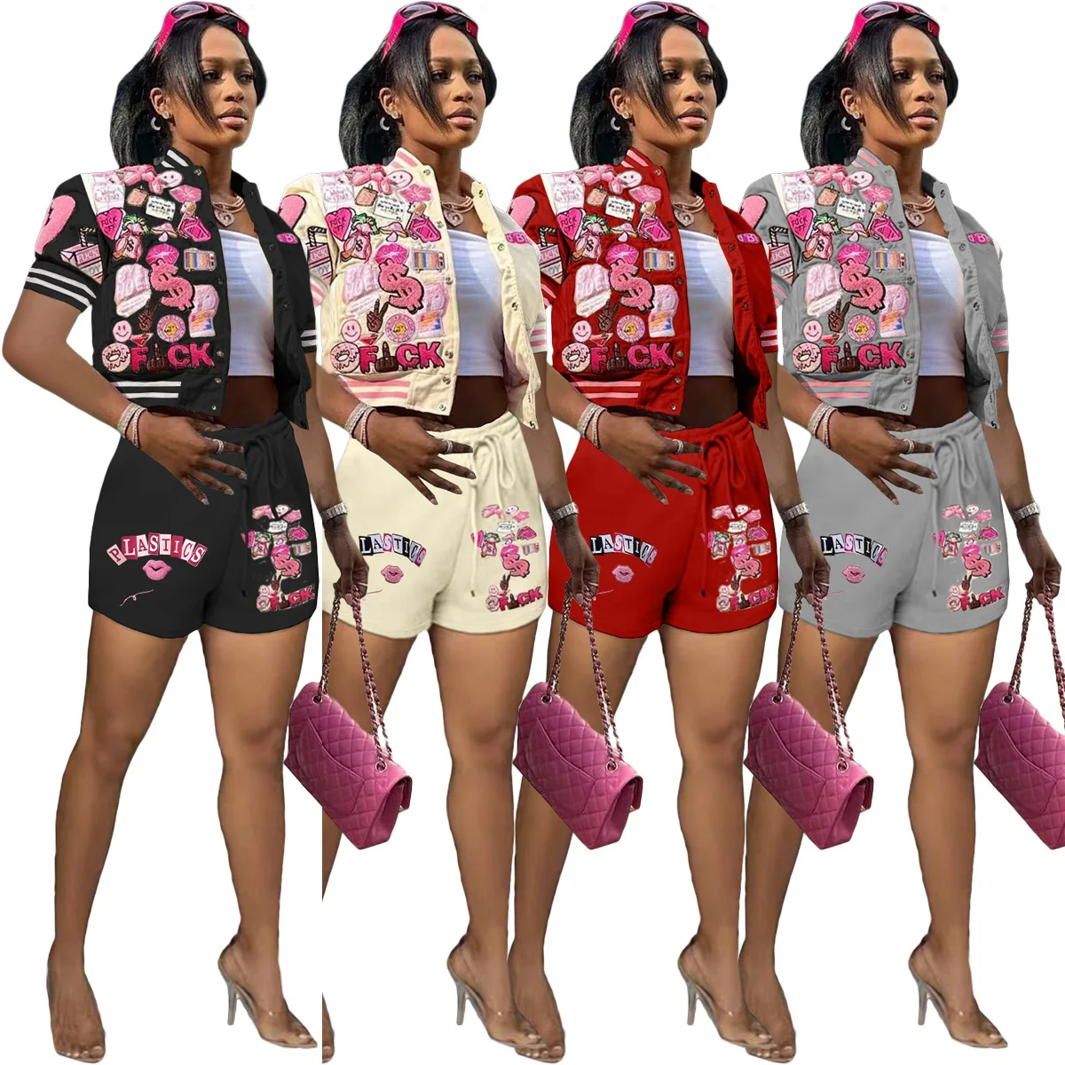 European and American women's new fashion casual printed baseball suit short-sleeved suit