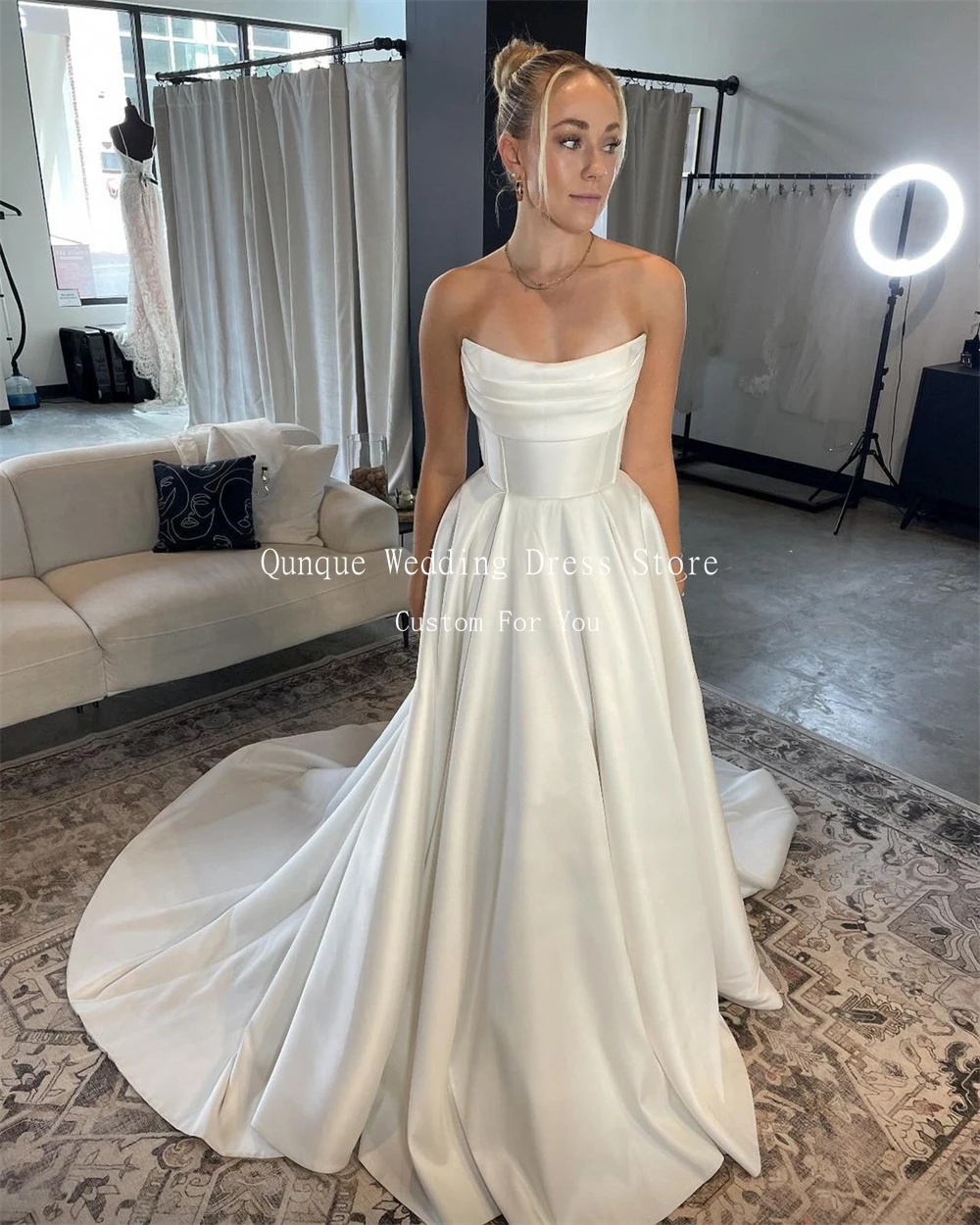 Qunque Strapless Satin Wedding Dress A-Line Boho Pleat Train Bridal Gowns Customized Detachable Long Lace Sleeves Bride Dresses 4