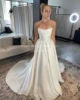 Qunque Strapless Satin Wedding Dress A-Line Boho Pleat Train Bridal Gowns Customized Detachable Long Lace Sleeves Bride Dresses 4