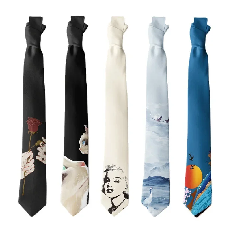Designer kreative bedruckte Krawatte für Männer und Frauen, Instagram, lässig, Tagesspaß, Tier, Rose, Tiger, schwarze Krawatte