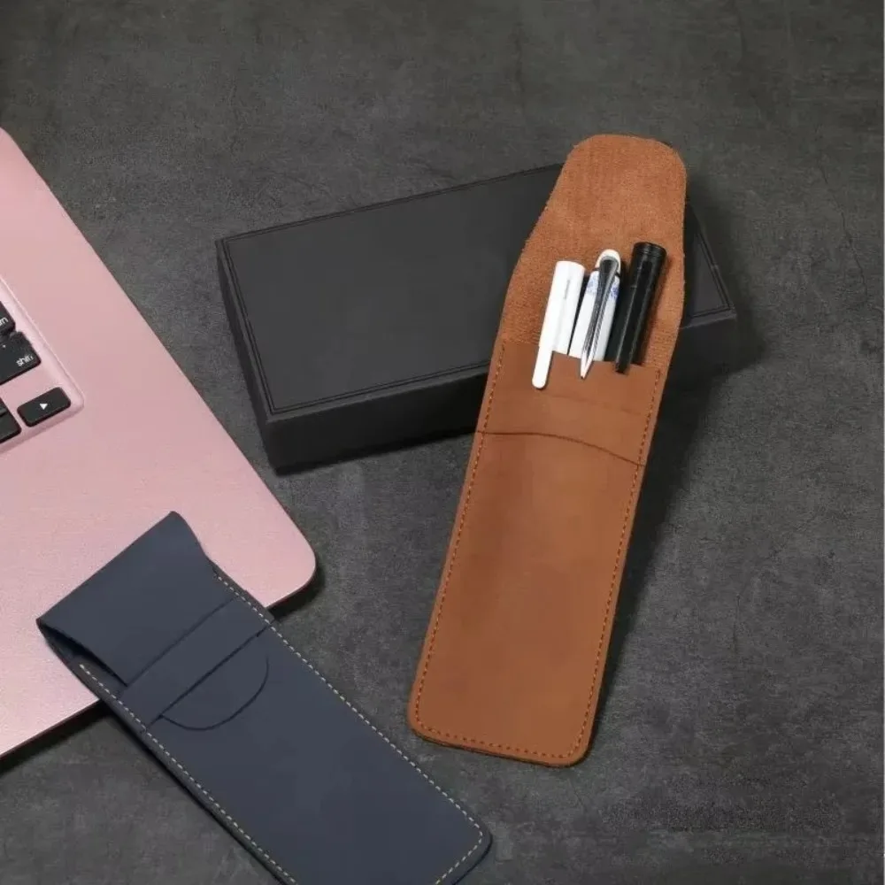 Vintage Style Frosted PU Leather Fountain Pen Case with Flap Closure Large Capacity Dual Storage Pen Holder