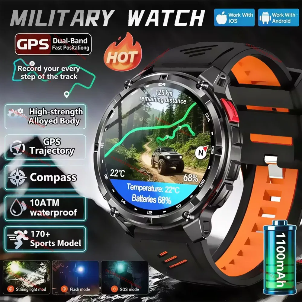 2026 New Military 1100mAh Big Battery Outdoor Smart Watch Men GPS Path Compass 10ATM Waterproof Calls AMOLED HD Sport Smartwatch 1