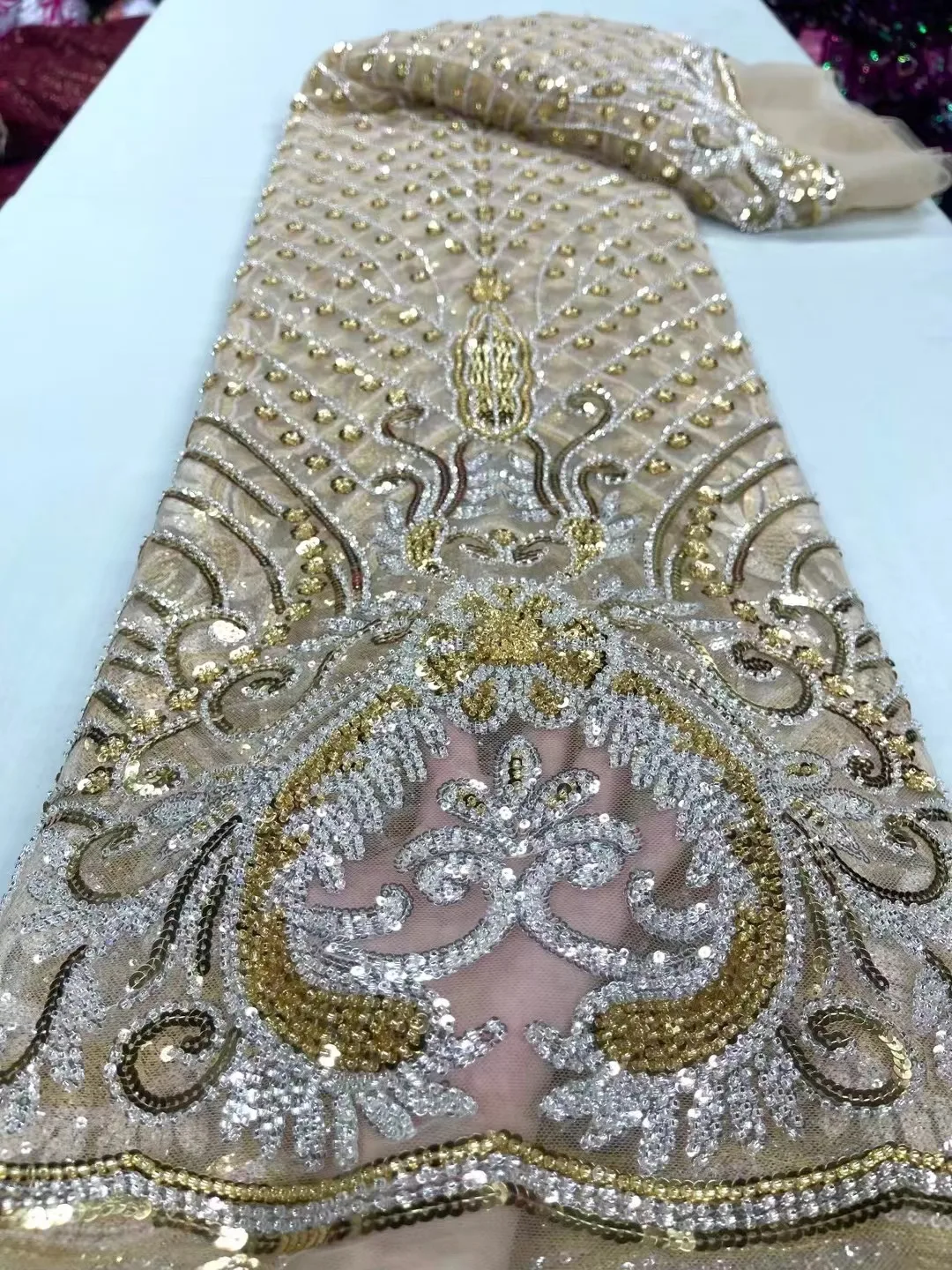 

Gold Luxury Handmade Beads 3D Embroidery French Tulle Lace Fabric Nigerian Heavy Beads Lace Fabric For Wedding Party