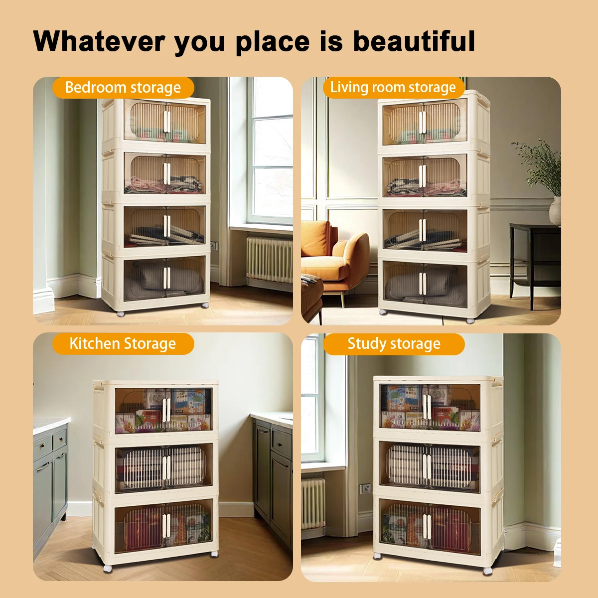 Cream White Magnetic Door Plastic Storage Cabinet Stackable Home Organizer Bins With Lids Clothing Toys Bedroom Board Game Box
