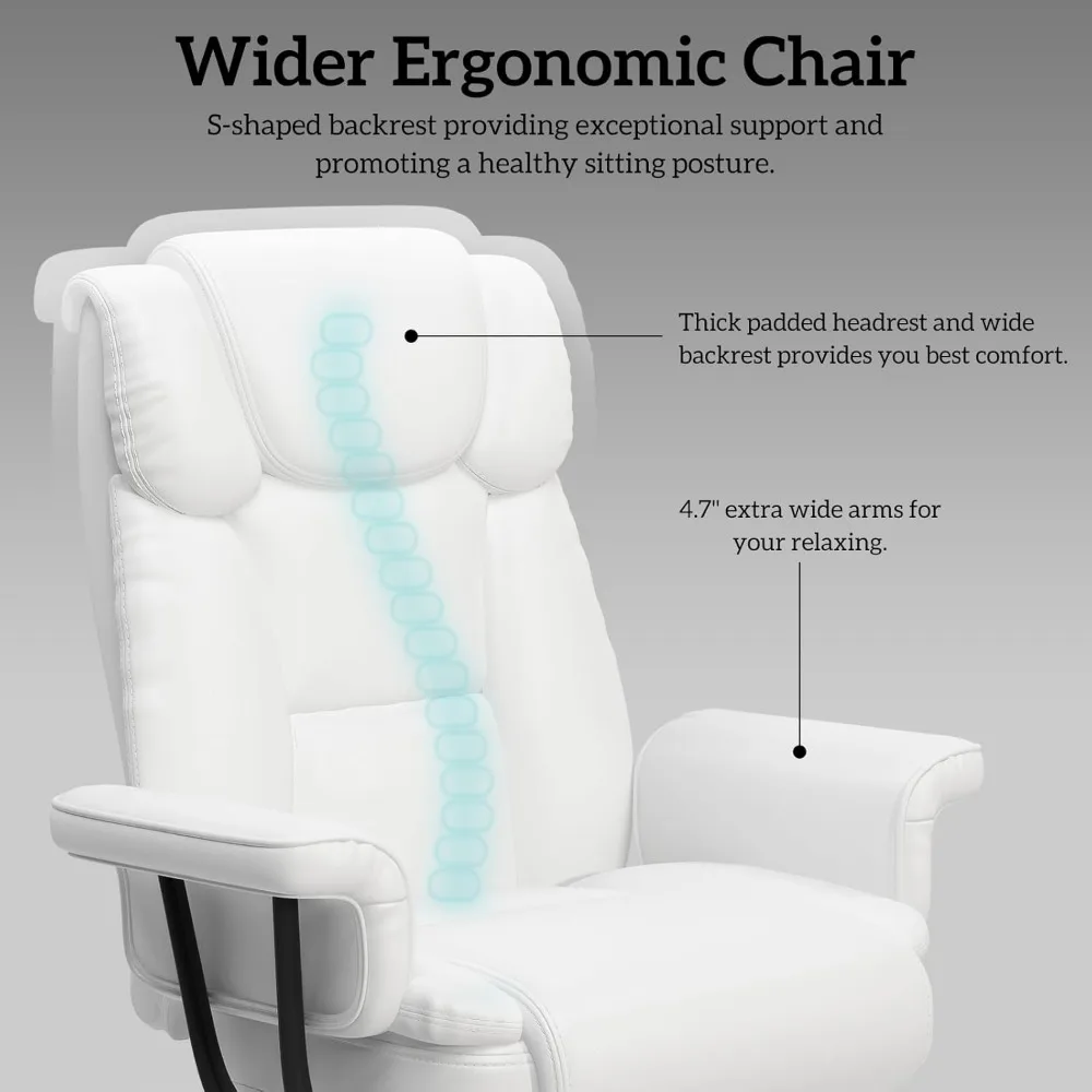 Big and Tall Office Chair 400LBS, 160° High Back Reclining Office Desk Chair with Wide Seat, Arms, Footrest, White 5