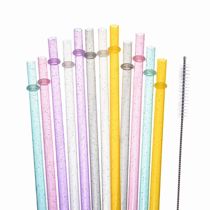 12 Pcs reusable plastic straws glitter drinking straws for Stanley Cup clear sparkle straw with cleaning brush for tumbler party reusable plastic straws